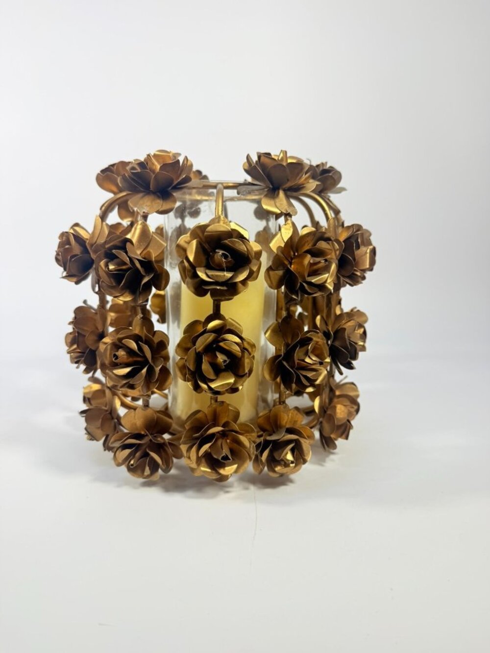 Candle Holder Vase Metal Flowers Roses Table Centerpiece Brushed Gold  Vintage T - Picture 3 of 16